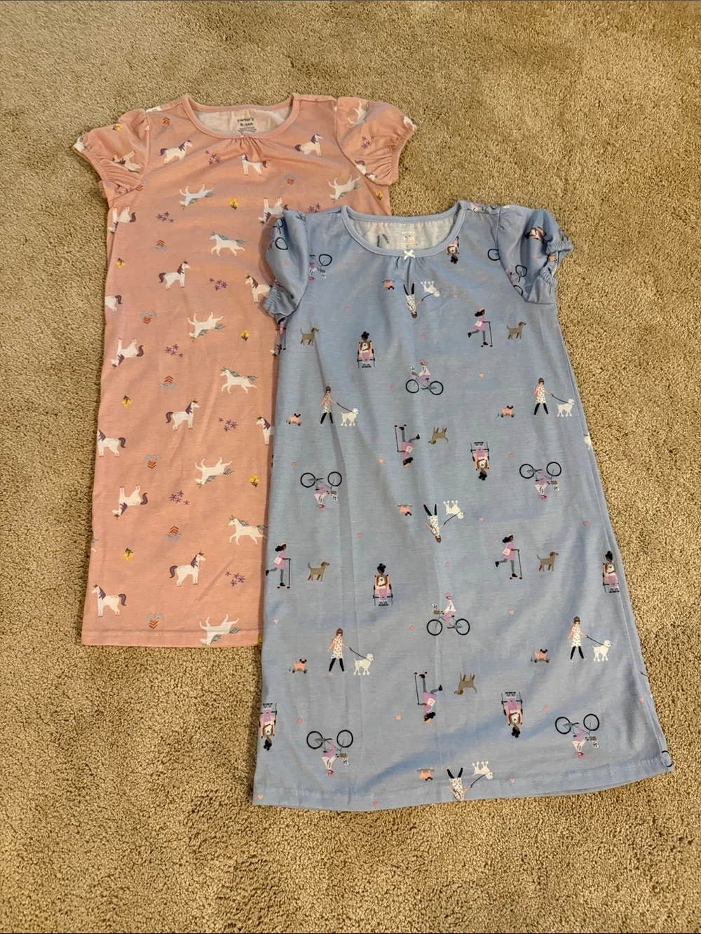 Carter's Pink Unicorn & Blue Playtime Short Sleeve Nightgowns. Size 8-10A.